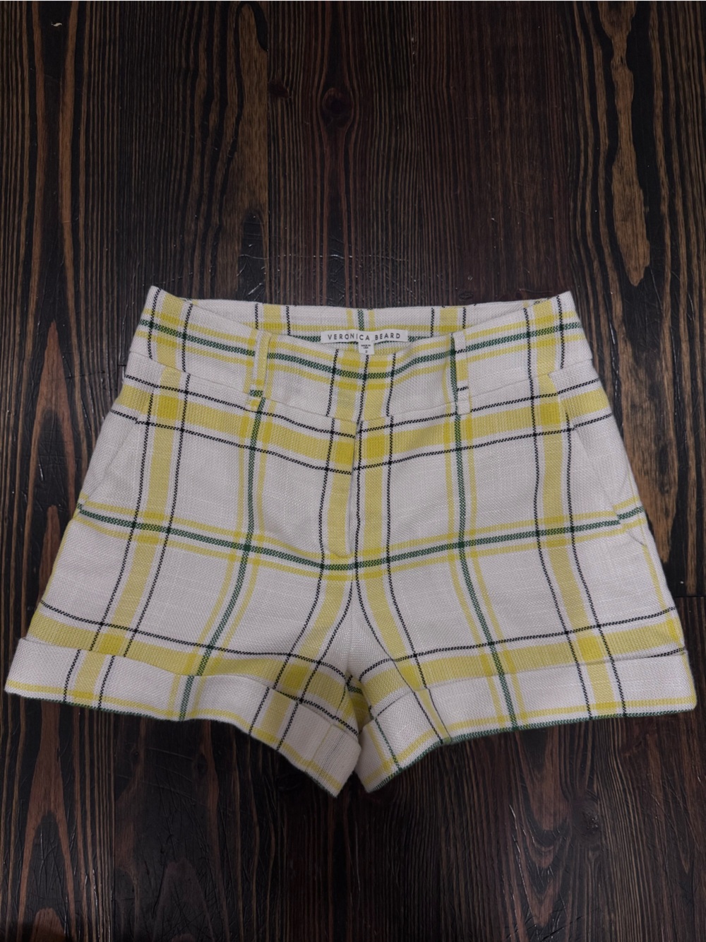 Veronica Beard White & Yellow Plaid High-Waist Shorts